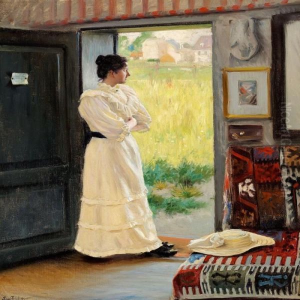 The Artist's First Wifedagny Standing In A Garden Door Oil Painting by Paul-Gustave Fischer