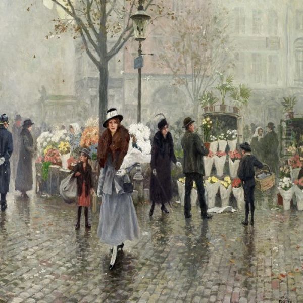 A Flower Market In Hojbroplads In Copenhagen Oil Painting by Paul-Gustave Fischer