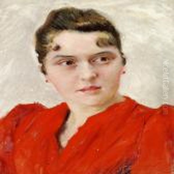 The Artist's First Wifedagny In A Red Dress Oil Painting by Paul-Gustave Fischer