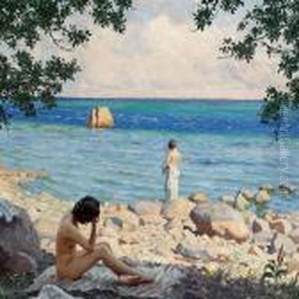 Summer Day With Girls Inthe Sun On The Beach Oil Painting by Paul-Gustave Fischer