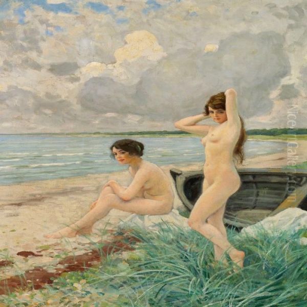 Two Young Bathing Girlson Hornbaek Beach Oil Painting by Paul-Gustave Fischer