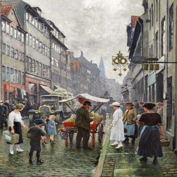 View Of Borgergade In Copenhagen With People Buying Apples From Salesman With A Red Cart Oil Painting by Paul-Gustave Fischer