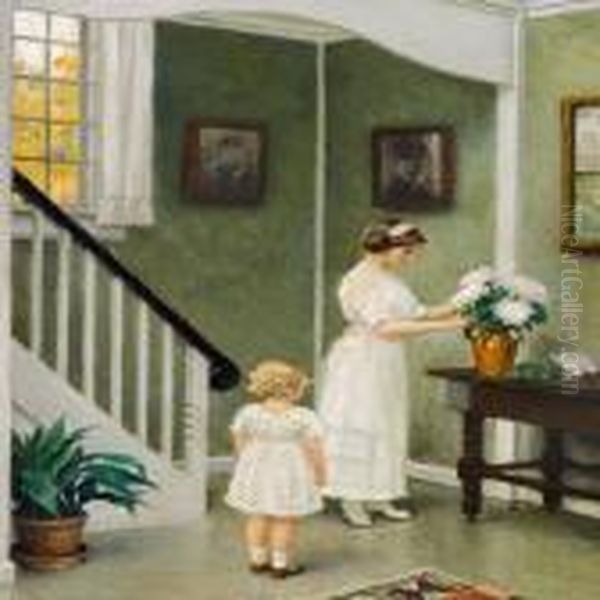 An Interior With The Artist's Daughter Musse And Grandchild Grethe Oil Painting by Paul-Gustave Fischer