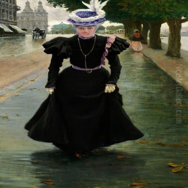 Elegant Young Lady In A Black Dress And Hat With Feathers Oil Painting by Paul-Gustave Fischer