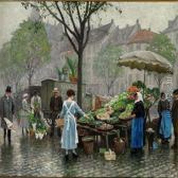 A Stall Of Vegetables In Hojbro Plads In Copenhagen Oil Painting by Paul-Gustave Fischer