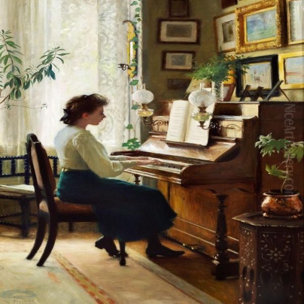 The Painter's Daughter Playing The Piano In The Family's Home At Sofievej In Hellerup Oil Painting by Paul-Gustave Fischer