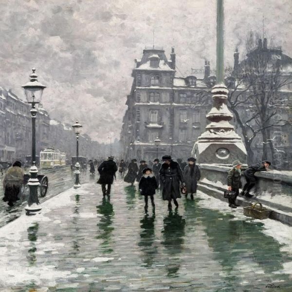 Winter Day On Dronning Louise's Bridge In Copenhagen Oil Painting by Paul-Gustave Fischer