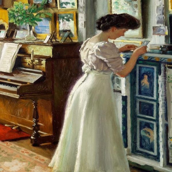 The Artist's Wife Dagny In The Living Room Oil Painting by Paul-Gustave Fischer