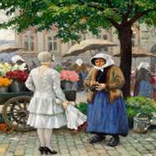 A Young Woman At The Market 1n Hojbro Plads In Copenhagen Oil Painting by Paul-Gustave Fischer