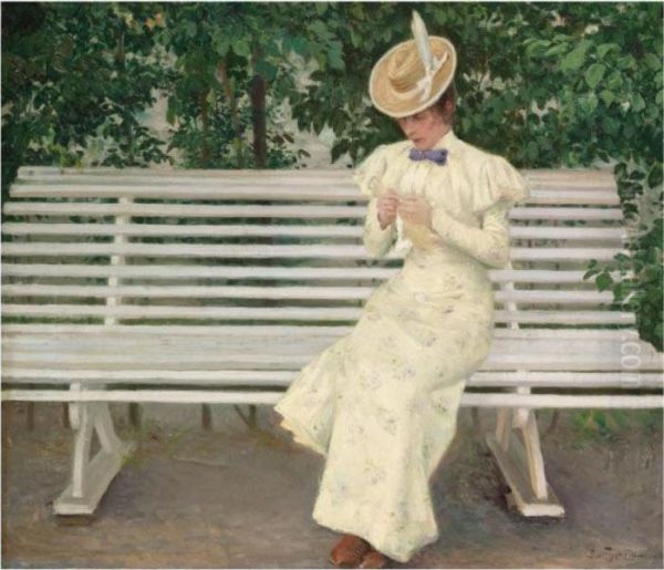 Kvinde Pa Baenk (lady On A Bench) Oil Painting by Paul-Gustave Fischer