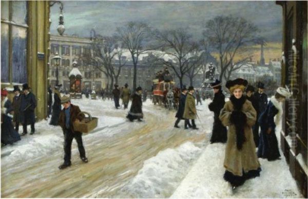 Vinterdag Pa Kongens Nytorv (winter In Kongens Nytorv,copenhagen) Oil Painting by Paul-Gustave Fischer