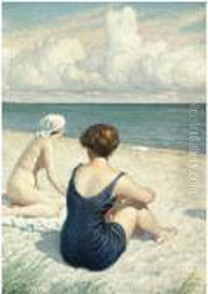 Kvinder Pa Stranden I Falsterbo (women On The Beach Atfalsterbo) Oil Painting by Paul-Gustave Fischer