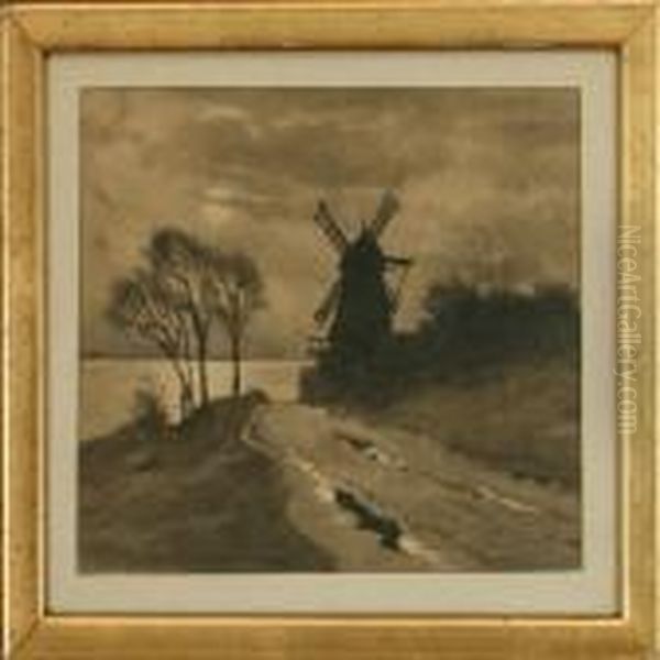 Moonligt Landscape With An Old Mill Oil Painting by Paul-Gustave Fischer