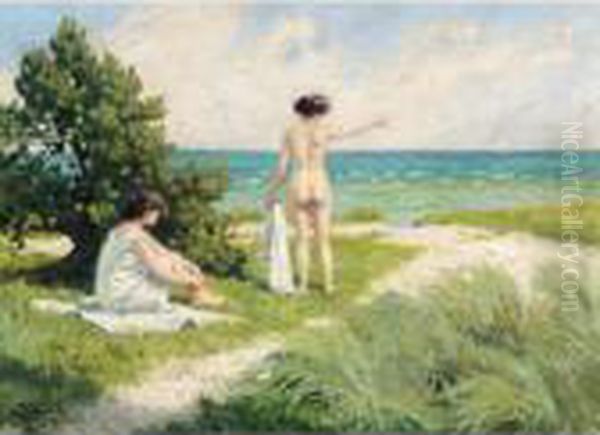 Solbadende I Klitterne (bathers Resting On Sand Dunes) Oil Painting by Paul-Gustave Fischer