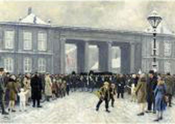 Livgarden Marcherer Ind Mod 
Amalienborg Slotsplads (guards Marching Out Of Amalienborg Castle) Oil Painting by Paul-Gustave Fischer