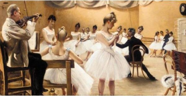 Time I Det Kgl. Teaters Balletskole (a Class At The Royal Theatre Ballet School) Oil Painting by Paul-Gustave Fischer