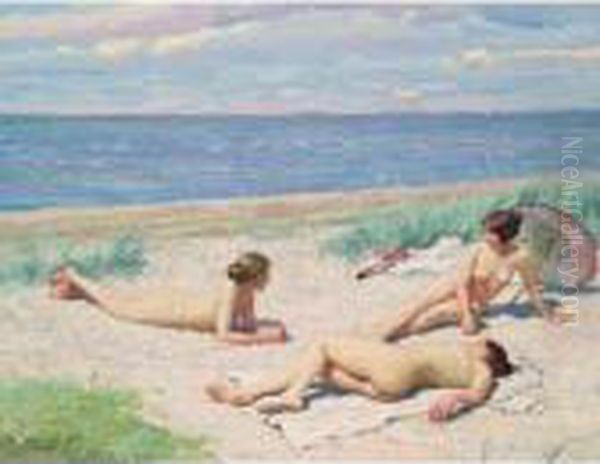 En Sommerdag Pa Stranden (nude Bathers On A Beach) Oil Painting by Paul-Gustave Fischer