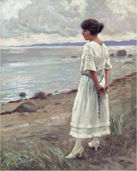 Kvinde Pa Stranden (looking Out To Sea) Oil Painting by Paul-Gustave Fischer