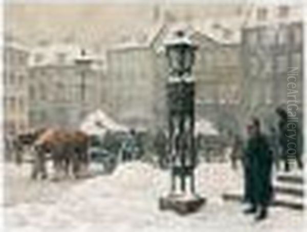 Snekastere Ud For Domhuset Pa Nytorv (a Snow Shower Outside Domhuset, Copenhagen) Oil Painting by Paul-Gustave Fischer