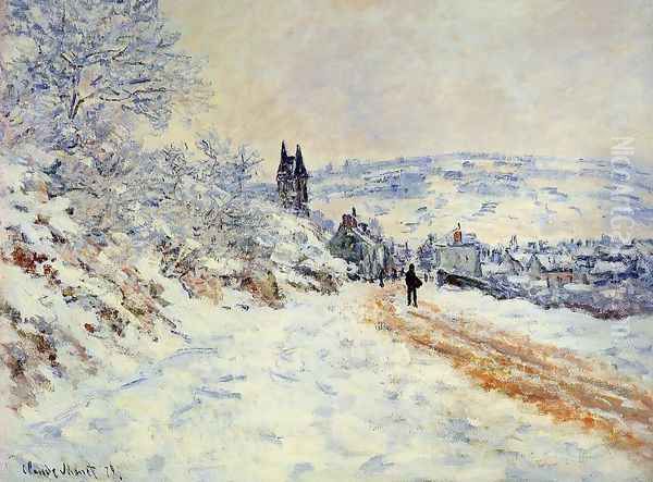 The Road To Vetheuil Snow Effect Oil Painting by Claude Oscar Monet