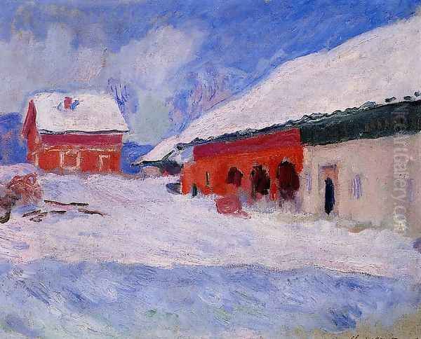 Red Houses At Bjornegaard In The Snow Norway Oil Painting by Claude Oscar Monet