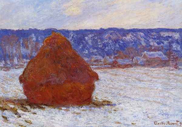 Grainstack In Overcast Weather Snow Effect Oil Painting by Claude Oscar Monet