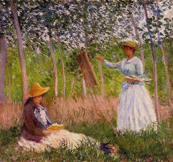 Suzanne Reading And Blanche Painting By The Marsh At Giverny Oil Painting by Claude Oscar Monet