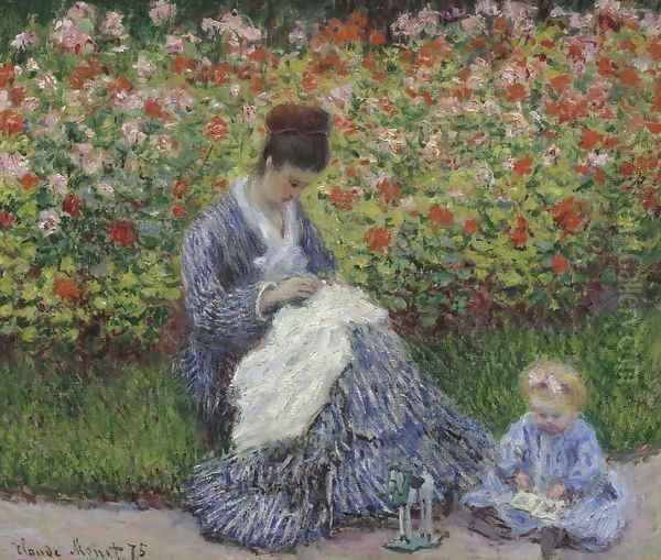 Camille Monet and a child in the artists garden in Argenteuil 1875 Oil Painting by Claude Oscar Monet