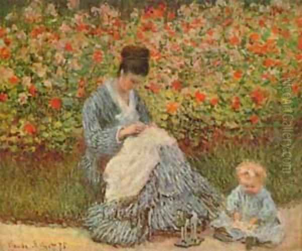 Camille Monet and a Child in Garden Oil Painting by Claude Oscar Monet