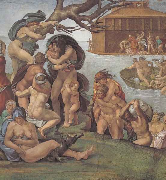 Ceiling Of The Sistine Chapel Genesis Noah 7 9 The Flood Left View Oil Painting by Michelangelo Buonarroti