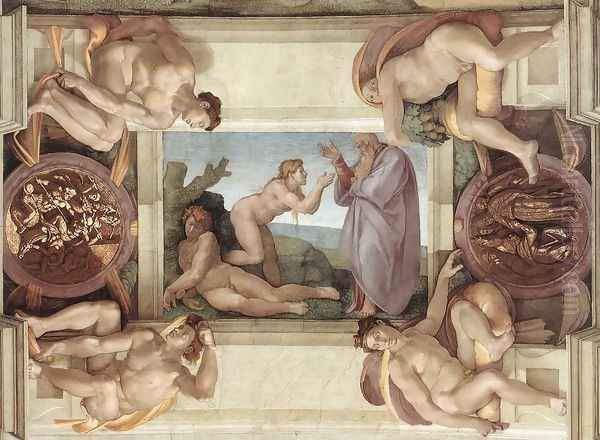 Creation of Eve (with ignudi and medallions) 1509-10 Oil Painting by Michelangelo Buonarroti