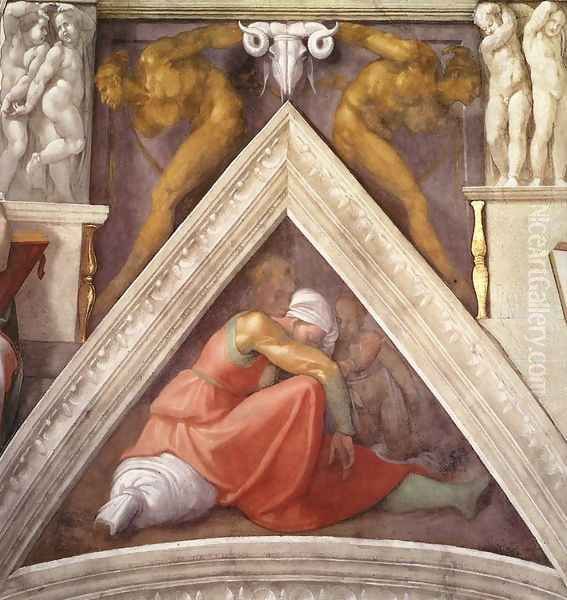 Ancestors of Christ - Asa consoling his father Oil Painting by Michelangelo Buonarroti