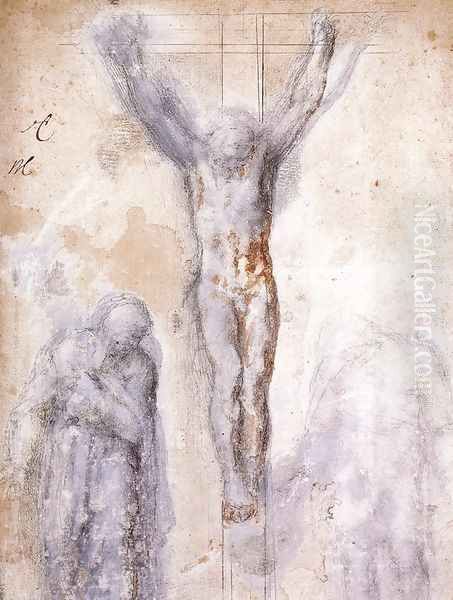 Christ Crucified between the Virgin and Nicodemus c. 1552-54 Oil Painting by Michelangelo Buonarroti