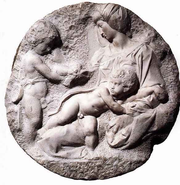 Madonna and Child with the Infant Baptist (or Taddei Tondo) Oil Painting by Michelangelo Buonarroti