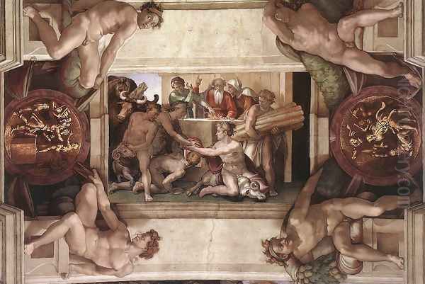 Sacrifice of Noah (with ignudi and medallions) 1509 Oil Painting by Michelangelo Buonarroti