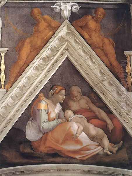 Ancestors of Christ - Zerubbabel with parents and a brother Oil Painting by Michelangelo Buonarroti