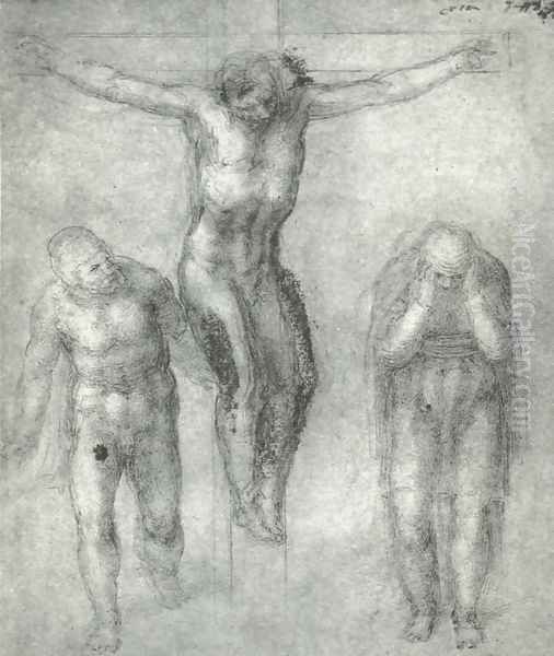 Study For Christ On The Cross With Mourners Oil Painting by Michelangelo Buonarroti