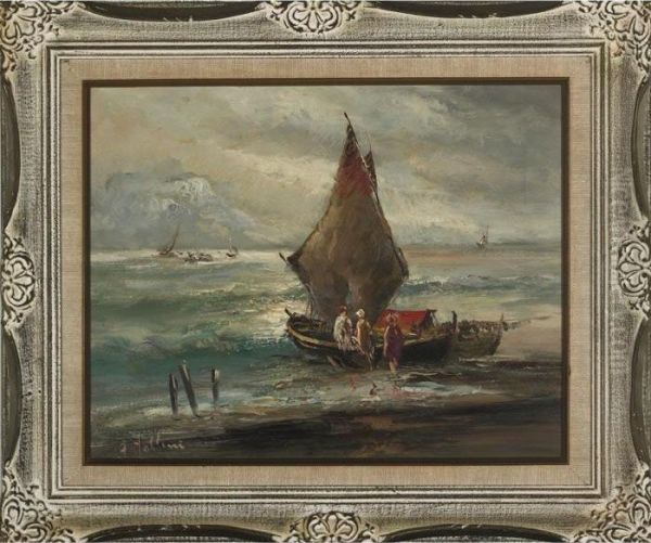 Figures On A Beach Boarding Boats Oil Painting by Carlo Follini