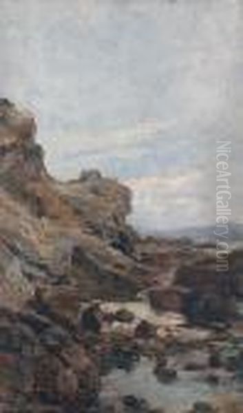 A Rocky Coastline Oil Painting by Carlo Follini