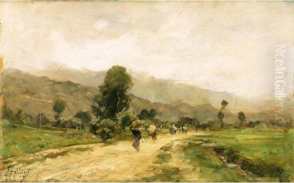 Strada Di Campagna Con Contadine Oil Painting by Carlo Follini