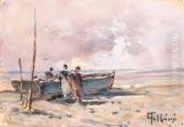 Barche E Figure Sulla Spiaggia Oil Painting by Carlo Follini