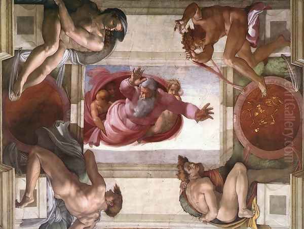 Separation of the Earth from the Waters (with ignudi and med Caallions) 1511 Oil Painting by Michelangelo Buonarroti