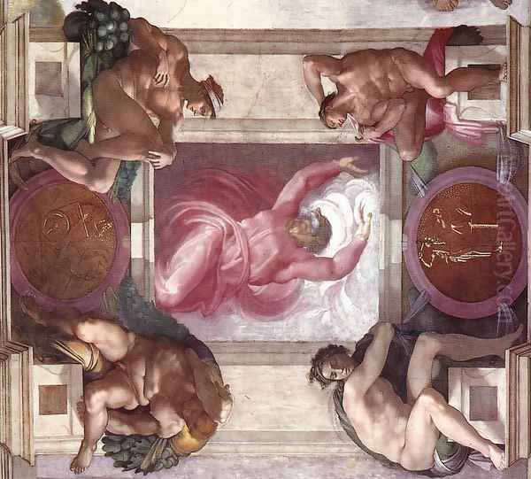 Separation of Light from Darkness (with ignudi and medallions) 1511 Oil Painting by Michelangelo Buonarroti