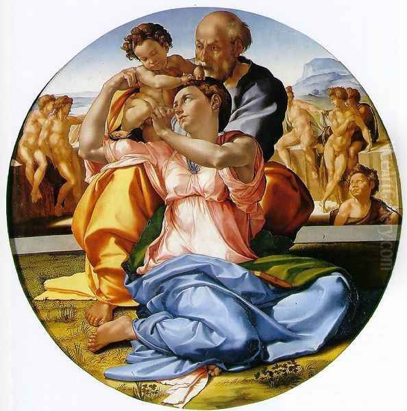 The Holy Family with the Infant John the Baptist (or The Doni tondo) Oil Painting by Michelangelo Buonarroti