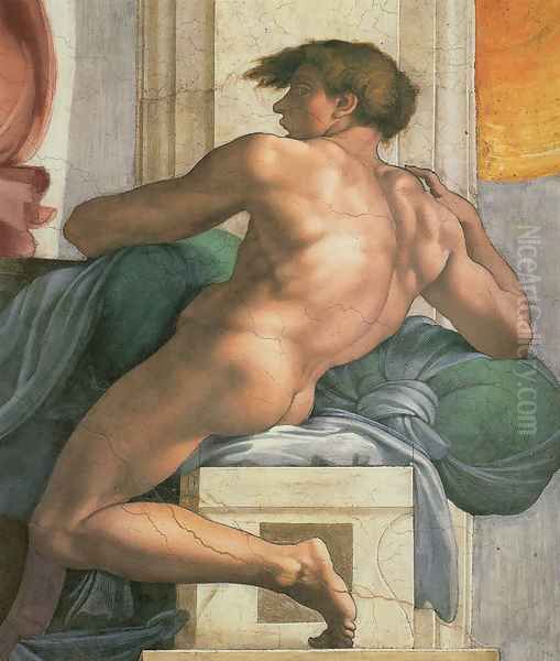 Ceiling of the Sistine Chapel: Ignudi, next to Separation of Land and the Persian Sybil [right] Oil Painting by Michelangelo Buonarroti