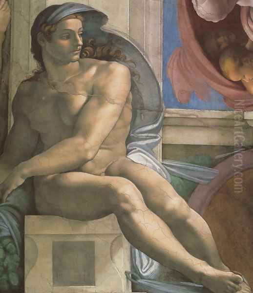 Ceiling of the Sistine Chapel: Ignudi, next to Separation of Land and the Persian Sybil [left] Oil Painting by Michelangelo Buonarroti