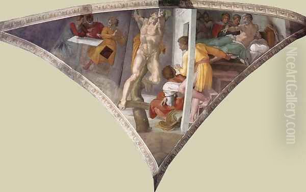 Pendentive - Punishment of Haman Oil Painting by Michelangelo Buonarroti