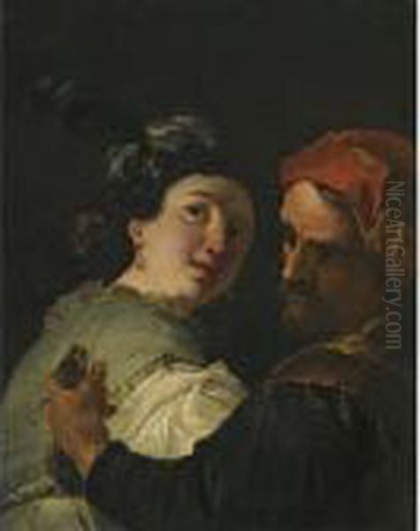 A Bearded Man Embracing A Young Woman Whilst Holding Amoney-bag Oil Painting by Francesco Fontebasso