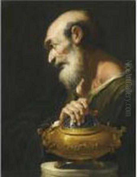 Study Of A Bearded Figure, Half 
Length, Wearing A Black Tunicwith His Hand Over A Brazier, Possibly 
Mucius Scaevola Oil Painting by Francesco Fontebasso