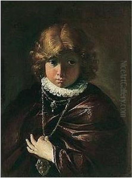 Portrait Of A Young Boy, Half Length, Holding A Medallion Oil Painting by Francesco Fontebasso